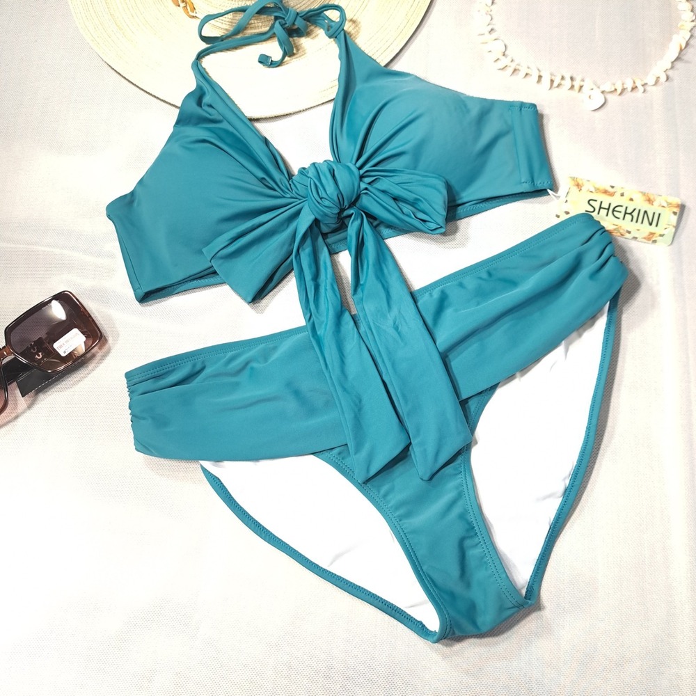 Shekini Women's‎ High-Waisted Two-Piece Bikini Swimsuit Green M Adjustable Bow